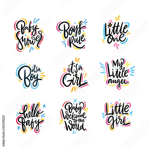 Baby lettering vector set. Hand drawn vector illustration. Motivation phrase. Isolated on white background.