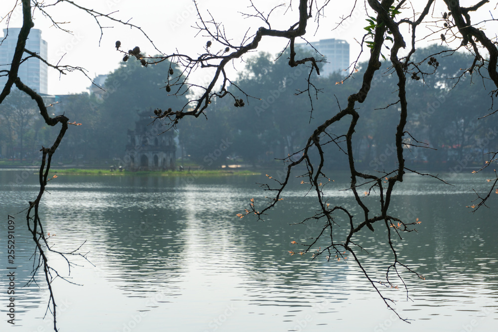 Young red Buds on the branches in winter at Hoan Kiem lake, Hanoi. Turtle Tower on background Young red Buds on the branches in winter at Hoan Kiem lake, Hanoi. Turtle Tower on background