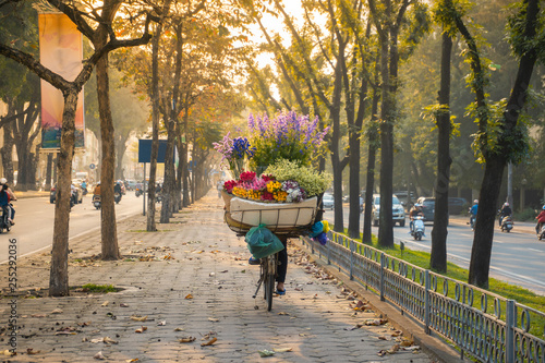 Flower basket on bike of street vendor on Hanoi street. Yellow leaf trees. Autumn or winter season