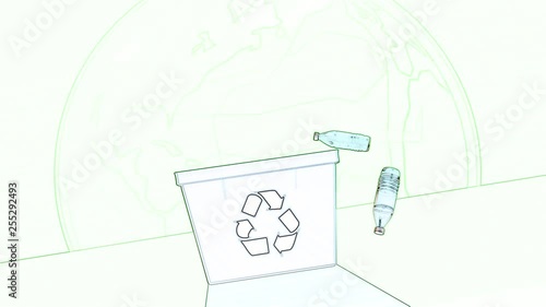 Sketch Outline of Recycling Bin Falls to ground, bottles fly around on bottom photo