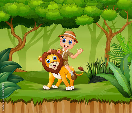 Cartoon Zookeeper boy and a lion in jungle