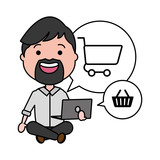 businessman using laptop with ecommerce icons