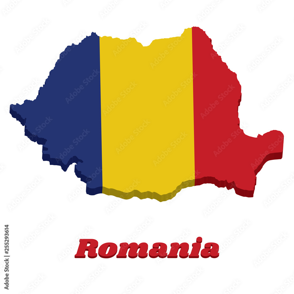 Obraz premium 3d Map outline and flag of Romania, a vertical tricolor of blue yellow and red.