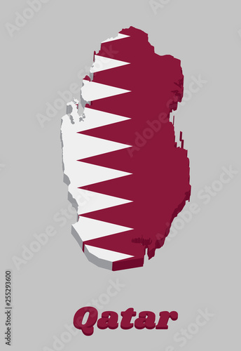 3d Map outline and flag of Qatar, a white band on the hoist side, separated from a maroon area on the fly side by nine white triangles which act as a serrated line.