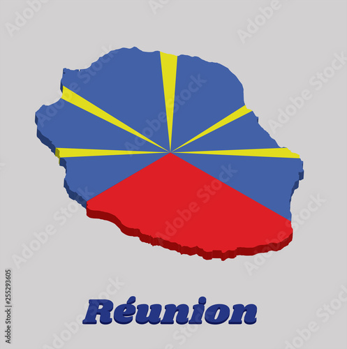3d Map outline and flag of reunion, red blue and yellow color.
