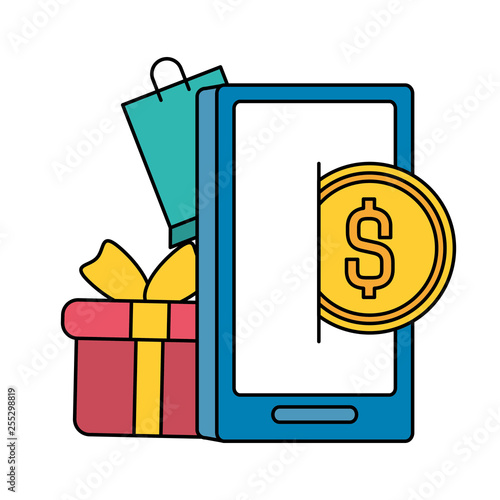 smarphone with shopping bag and gift