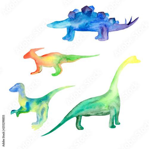  watercolor dinosaurs green yellow blue on a white background