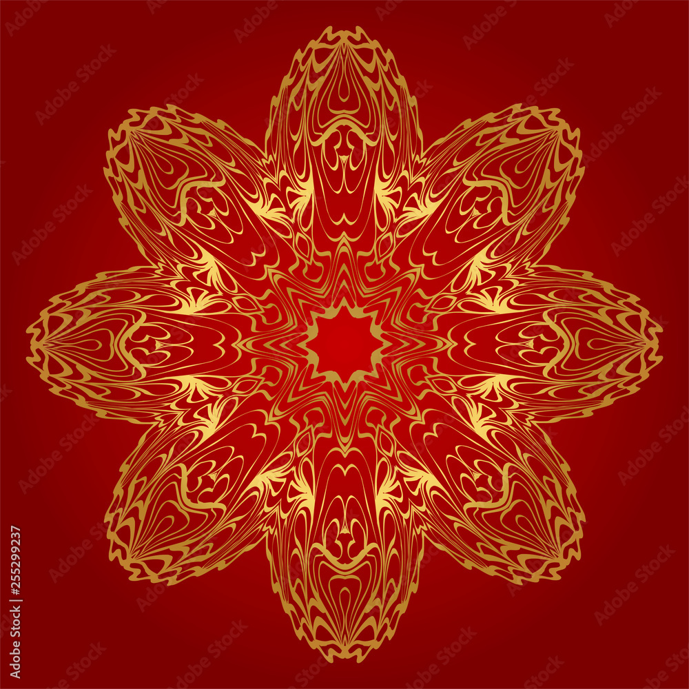 Round Floral Ornament Mandala. Vector Illustration.. For Home Decor, Interior Design, Coloring Book, Greeting Card, Invitation, Tattoo. Anti-Stress Therapy Pattern. Red, gold color Round Floral Ornament Mandala. Vector Illustration.. For Home Decor, Interior Design, Coloring Book, Greeting Card, Invitation, Tattoo. Anti-Stress Therapy Pattern. Red, gold color
