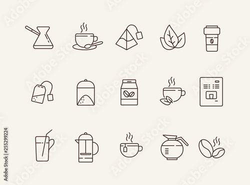 Hot drinks line icon set