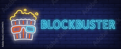 Blockbuster neon text with popcorn and 3d glasses