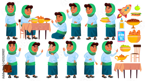 Arab, Muslim Girl School, Girl Kid Poses Set Vector. Primary School Child. Teaching, Educate, Schoolkid. Design. Isolated Cartoon Illustration