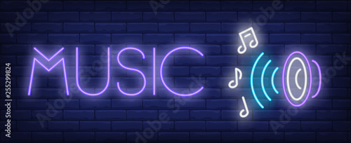Music neon text with audio speaker and notes