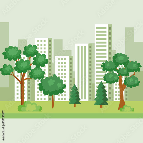 nature trees with pines and bushes to cityscape
