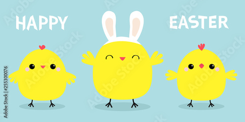 Happy Easter. Chicken bird set line. Face head wearing rabbit bunny ears band. Cute cartoon funny kawaii baby character. Friends forever. Flat design. Greeting card. Blue pastel color background.
