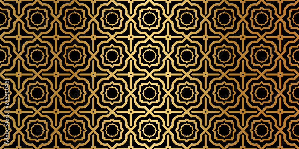 Geometric Seamless Pattern. Modern Traditional Geometric Ornament. Vector Illustration. For The Interior Design, Wallpaper, Decoration Print, Fill Pages, Invitation Card, Cover Book. Black gold color Geometric Seamless Pattern. Modern Traditional Geometric Ornament. Vector Illustration. For The Interior Design, Wallpaper, Decoration Print, Fill Pages, Invitation Card, Cover Book. Black gold color