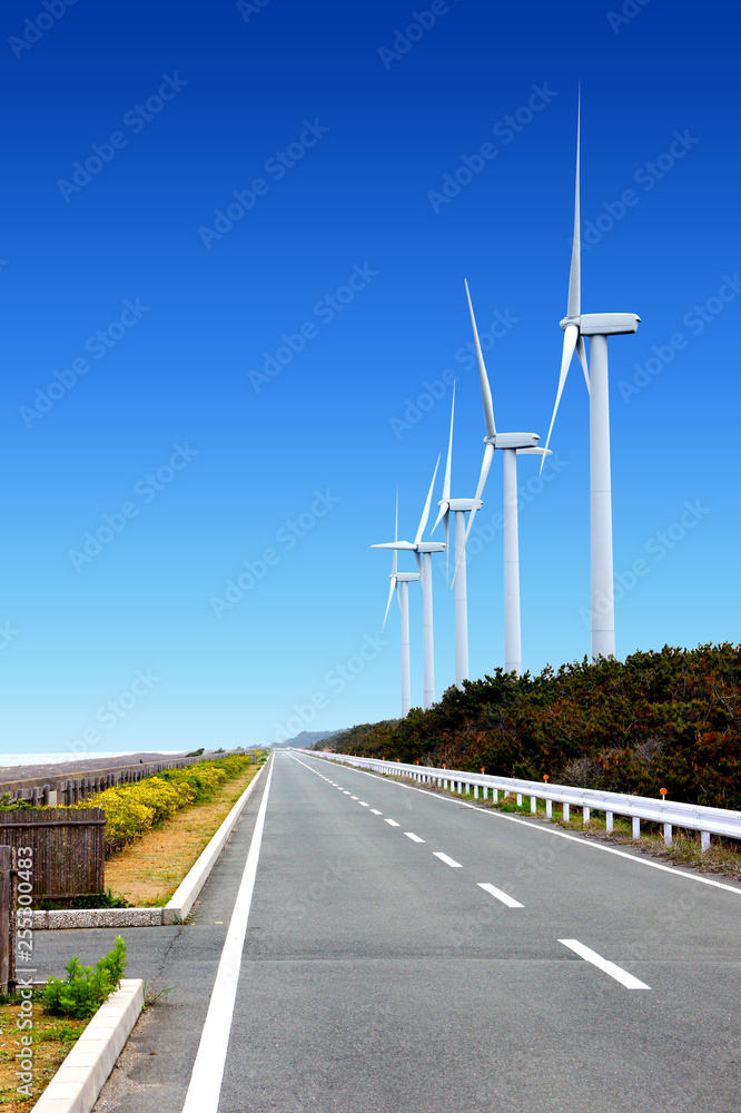 風力発電と直線の一本道