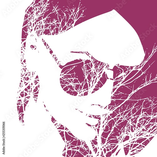 Face half turn view. Elegant silhouette of a head textured by tree branches. Double exposure