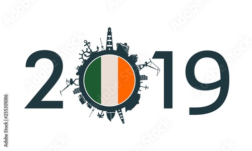 Circle with sea shipping and travel relative silhouettes. Objects located around the circle. Industrial design background. 2019 year number. Flag of the Ireland