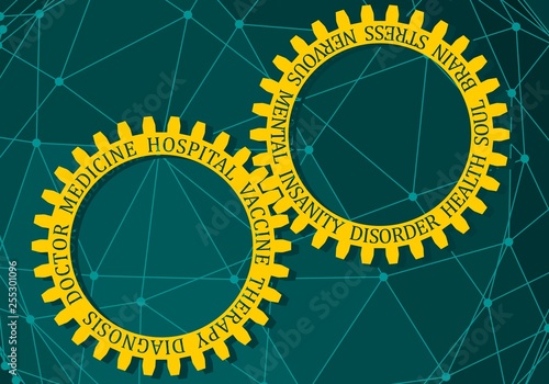 Medicine relative words on the mechanism of gears. Communication concept of mental health. Connected lines with dots background.