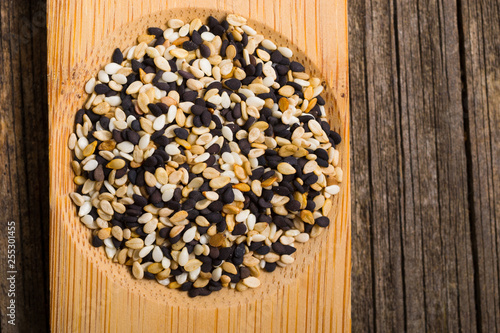 sesame seeds, old wooden table