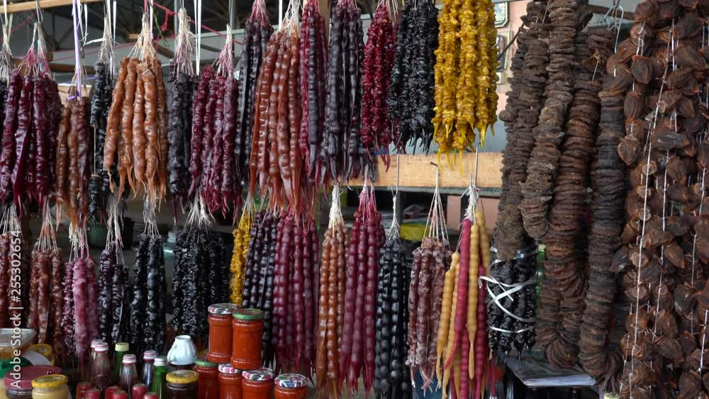 Churchkhela. Traditional homemade sweets with hazelnuts, walnuts, grape juice, honey or