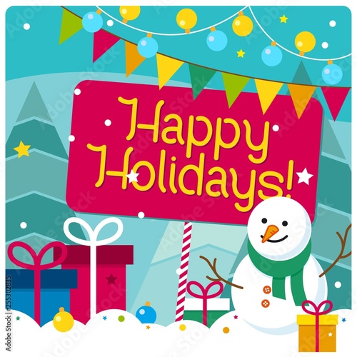 Simple vector illustration with season holidays theme. Snow winter drawing with greeting text  Happy holidays .