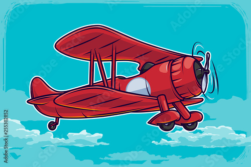 Vector vintage airplane illustration and blue clouds background