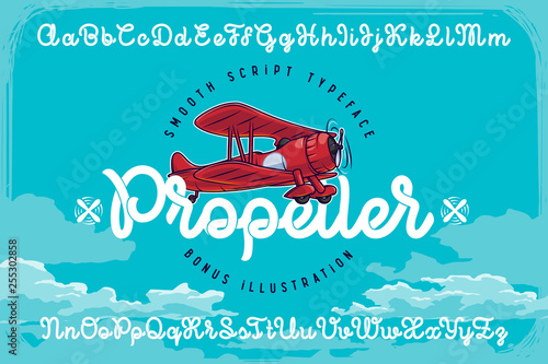 Set of smooth script font named "Propeller" with red vector airplane illustration and blue clouds background