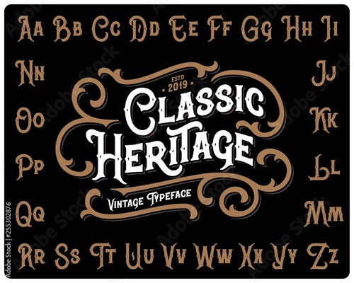 Vintage font set named "Classic Heritage" with decorative ornate on black background