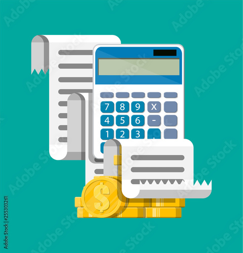 Calculator, paper receipt bill payment, stack of gold coins. Financial reports statement documents. Accounting, bookkeeping, audit, revison debit credit calculations. Vector illustration flat style