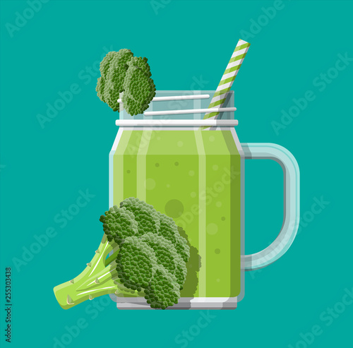 Jar with broccoli smoothie with striped straw. Glass for cocktails with handle. Broccoli fresh vegetable. Vector illustration in flat style