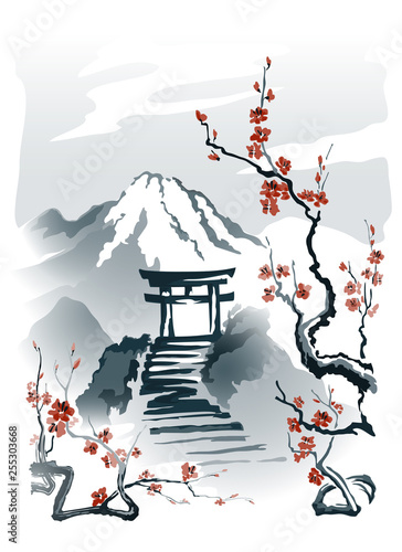 Torii gates on a rock Stairs to the gates of Torii on top of the mountain. Vector drawing in traditional Japanese style Sumi-e. ENP-10.