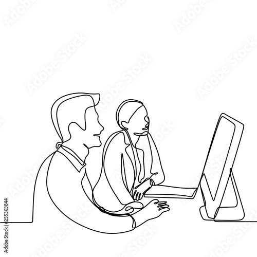 Man and girl doing work and discussion for project with a computer. One continuous line drawing vector illustration of two person in office for business company.