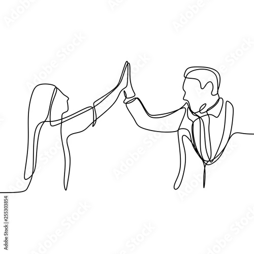 Two person rising his hand and toss a high five. Continuous line drawing of a office man and a girl finishing or dealing their project.