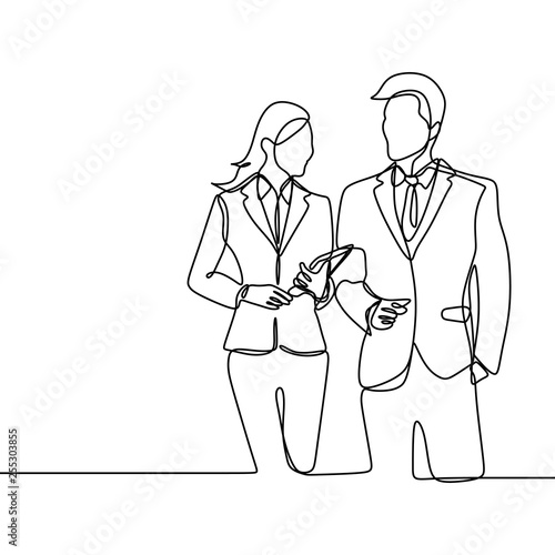 Two person of office worker. concept of a boss and his secretary standing looks gentle and awesome continuous one line drawing vector illustration minimalism style theme.