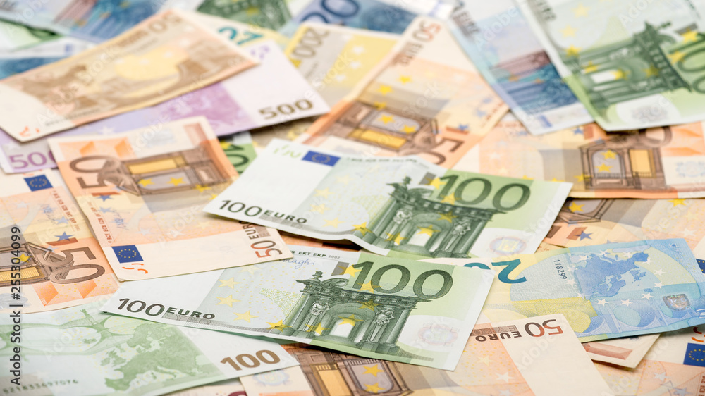 Euros bills of different values. Euro bill of one hundred Euros bills of different values. Euro bill of one hundred