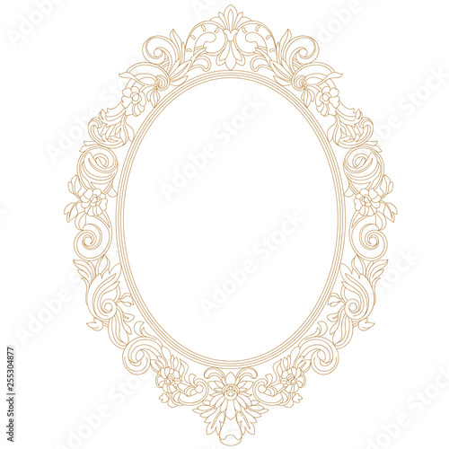 Golden vintage oval pattern frame in old style. Vector.