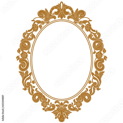 Golden vintage oval pattern frame in old style. Vector.