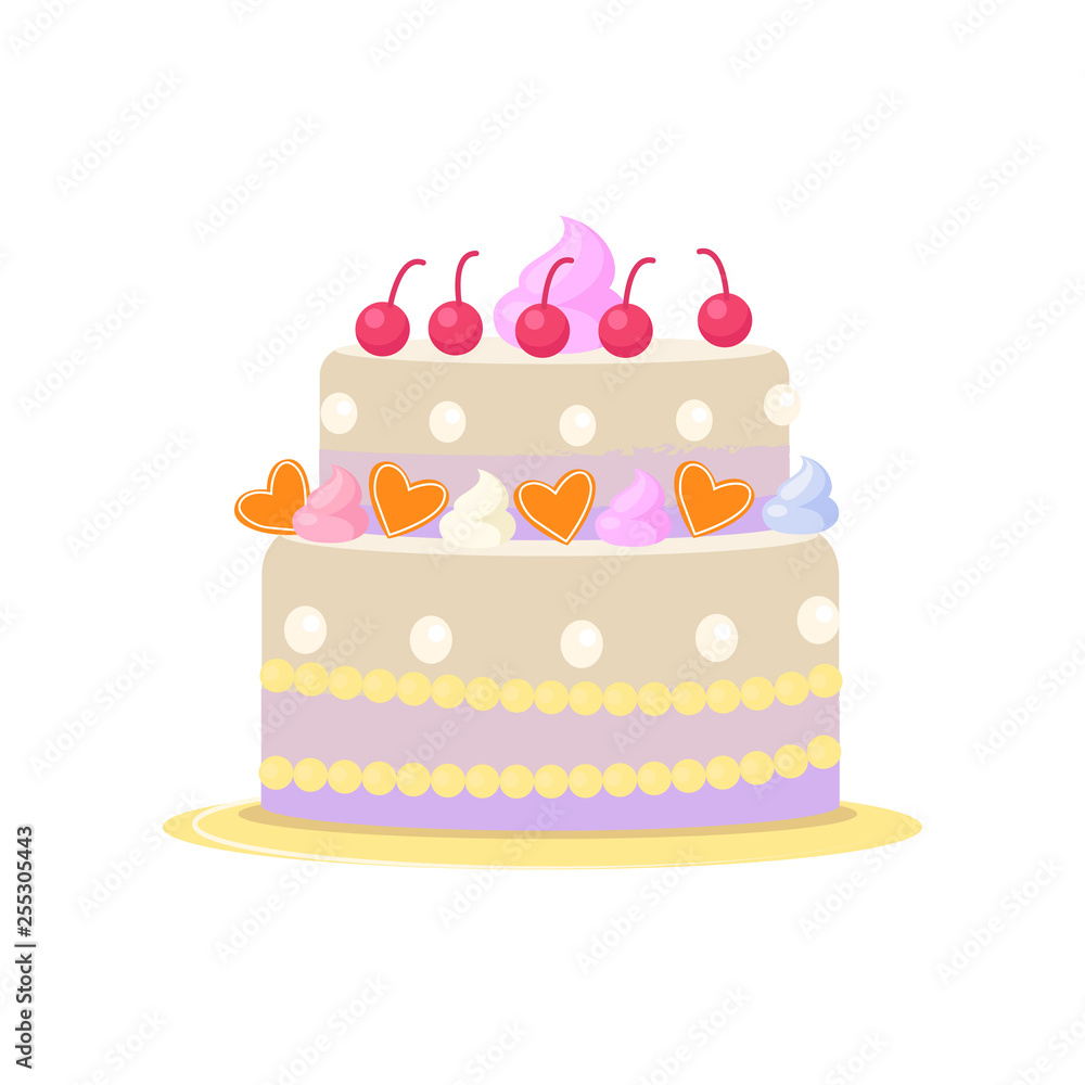 Cute two-tiered birthday or wedding cake in girlish style on white background Cute two-tiered birthday or wedding cake in girlish style on white background