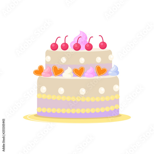 Cute two-tiered birthday or wedding cake in girlish style on white background