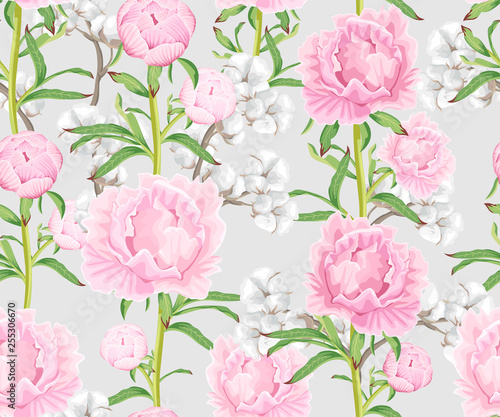 Seamless pattern with peonies and cotton flowers