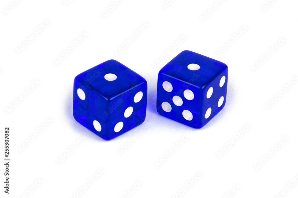 Two blue glass dice isolated on white background. One and one Two blue glass dice isolated on white background. One and one