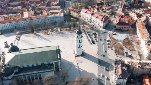 Bell tower in Cathedral Square in Vilnius, Lithuania, aerial hyperlapse photo