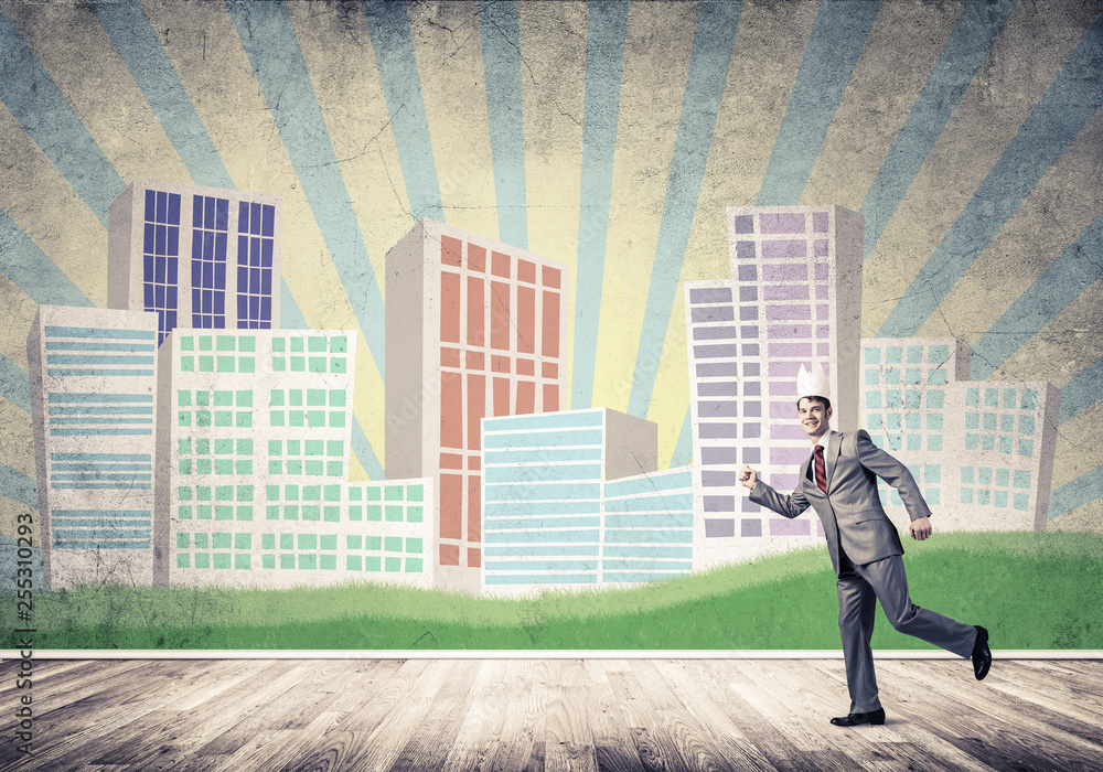 King businessman in elegant suit running and cityscape silhouette at background King businessman in elegant suit running and cityscape silhouette at background
