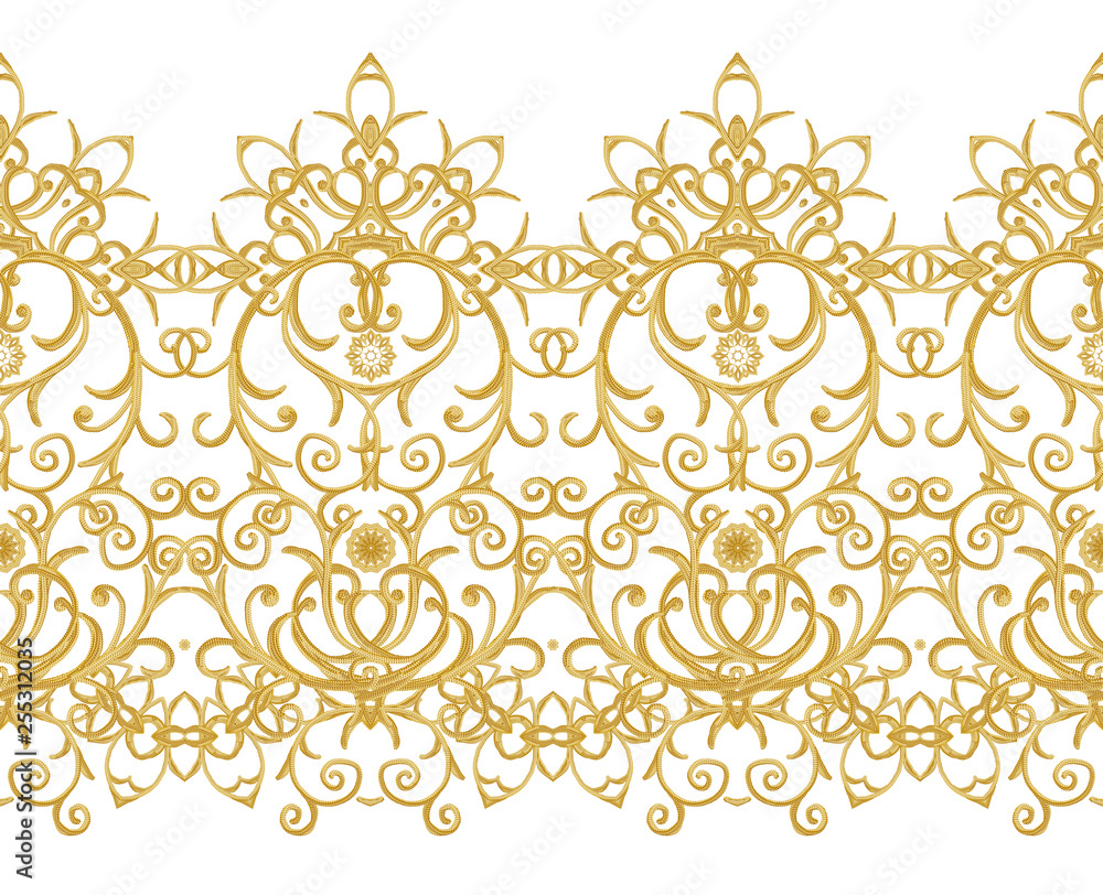 Seamless pattern. Golden textured curls. Oriental style arabesques. Brilliant lace, stylized flowers. Openwork weaving delicate, golden background. Seamless pattern. Golden textured curls. Oriental style arabesques. Brilliant lace, stylized flowers. Openwork weaving delicate, golden background.