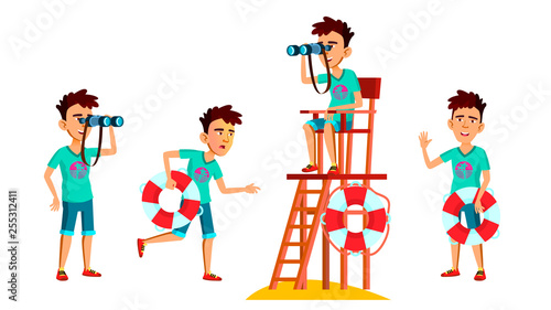 Asian Teen Boy Poses Set Vector. Face. Lifeguard On The Beach. Sea, Vacation. For Web, Brochure, Poster Design. Isolated Cartoon Illustration