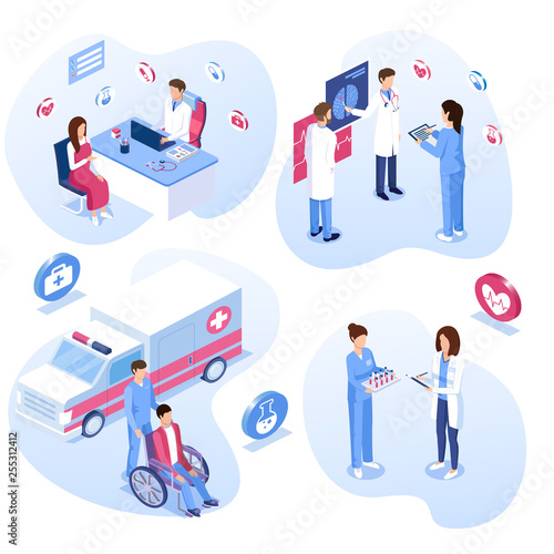 Medical staff set. Male and female doctors, nurses and patient concepts. Ambulance care, wheelchair, consultation and meeting. Vector illustration. 