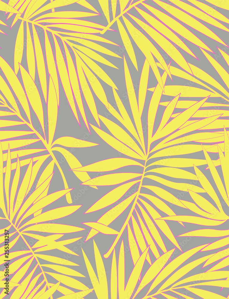 Fototapeta premium Tropical seamless pattern with leaves. Beautiful tropical isolated leaves. Fashionable summer background with leaves for Tropical seamless pattern. Palm tree leaves. For print, wallpaper, fabric.