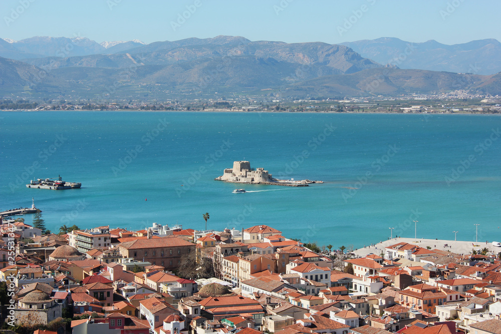 Bourtzi the water castle in the middle of Nafplio harbour in Greece