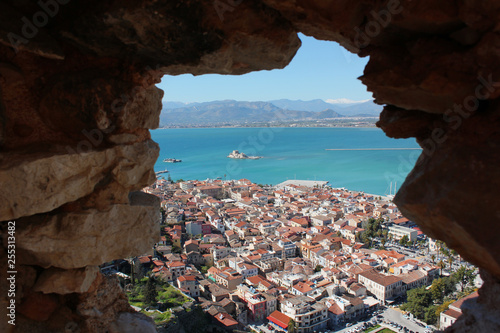 Bourtzi the water castle in the middle of Nafplio harbour in Greece